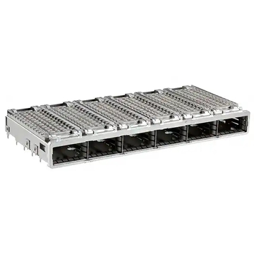 TE 2143331-1 QSFP+ Клетка, сборная (1 x 6) с разъемом для радиатора. Запрессованная посадка. Световая трубка в комплекте, 14 Гбит/с.
