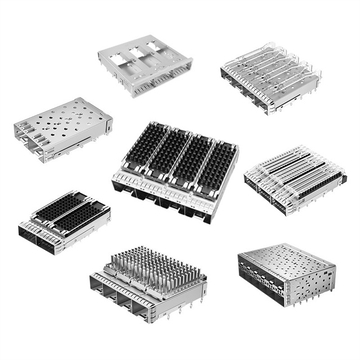 TE 2149730-3 SFP+ケージギャング（1 x 4）ヒートシンクスルーホール直角プレスフィットEMIシールドライトパイプ付き