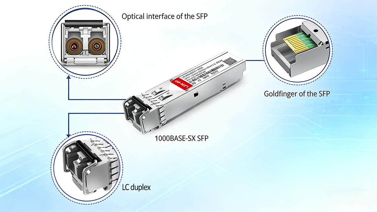 SFP transceiver module used in network switches and routers for fiber and copper Ethernet connectivity