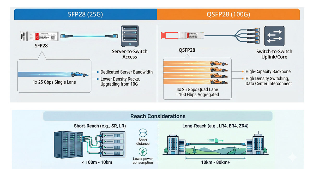 SFP28 vs QSFP28: Performance Comparison